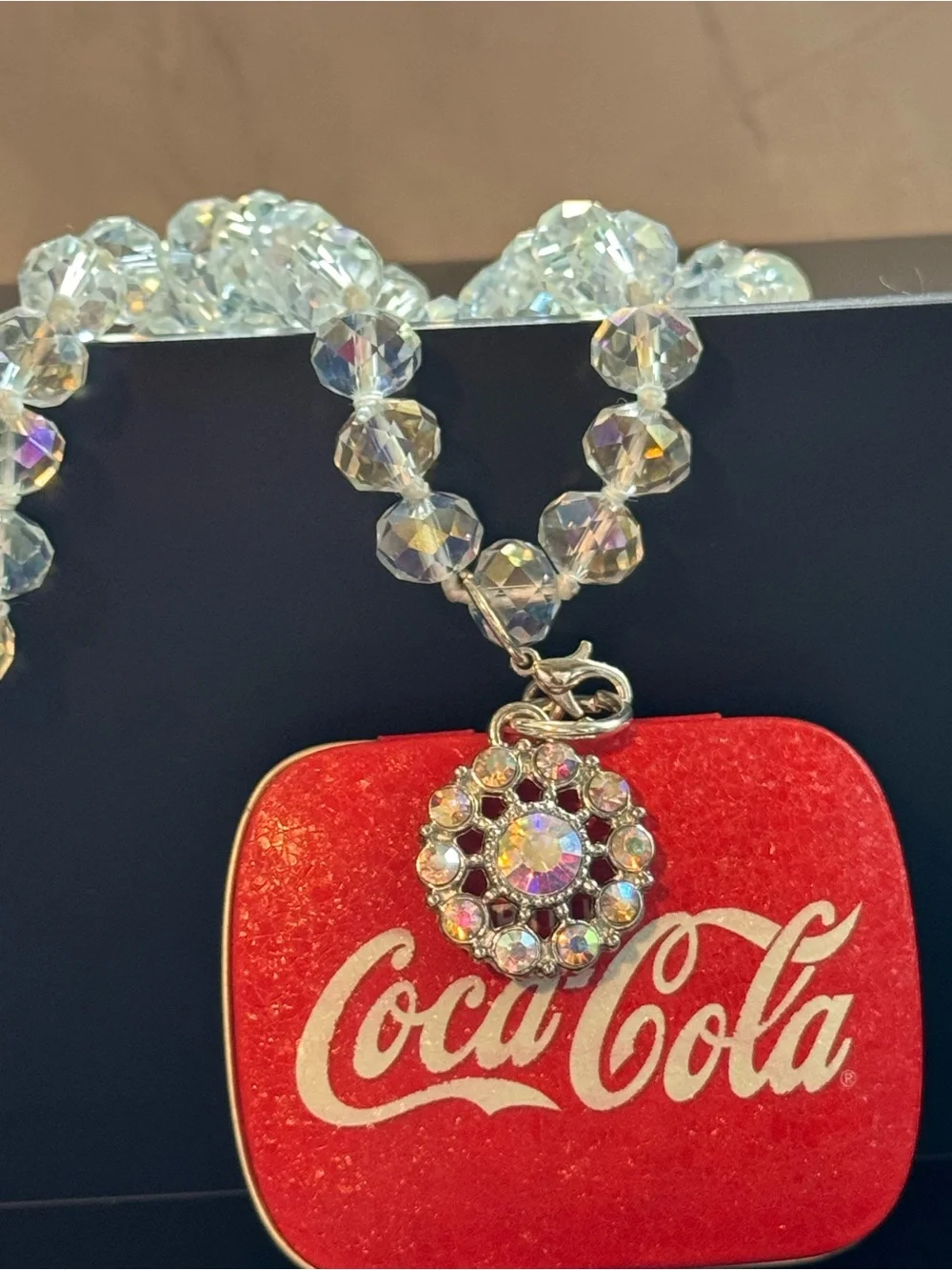 Handmade Coca‑Cola Pendant Necklace • Iridescent Beads • Upcycled Jewelry